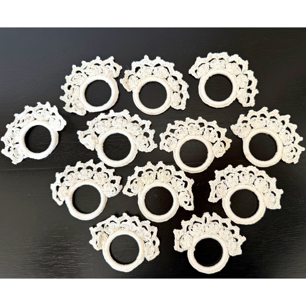 12-Handmade White Crocheted Lace Napkin Rings